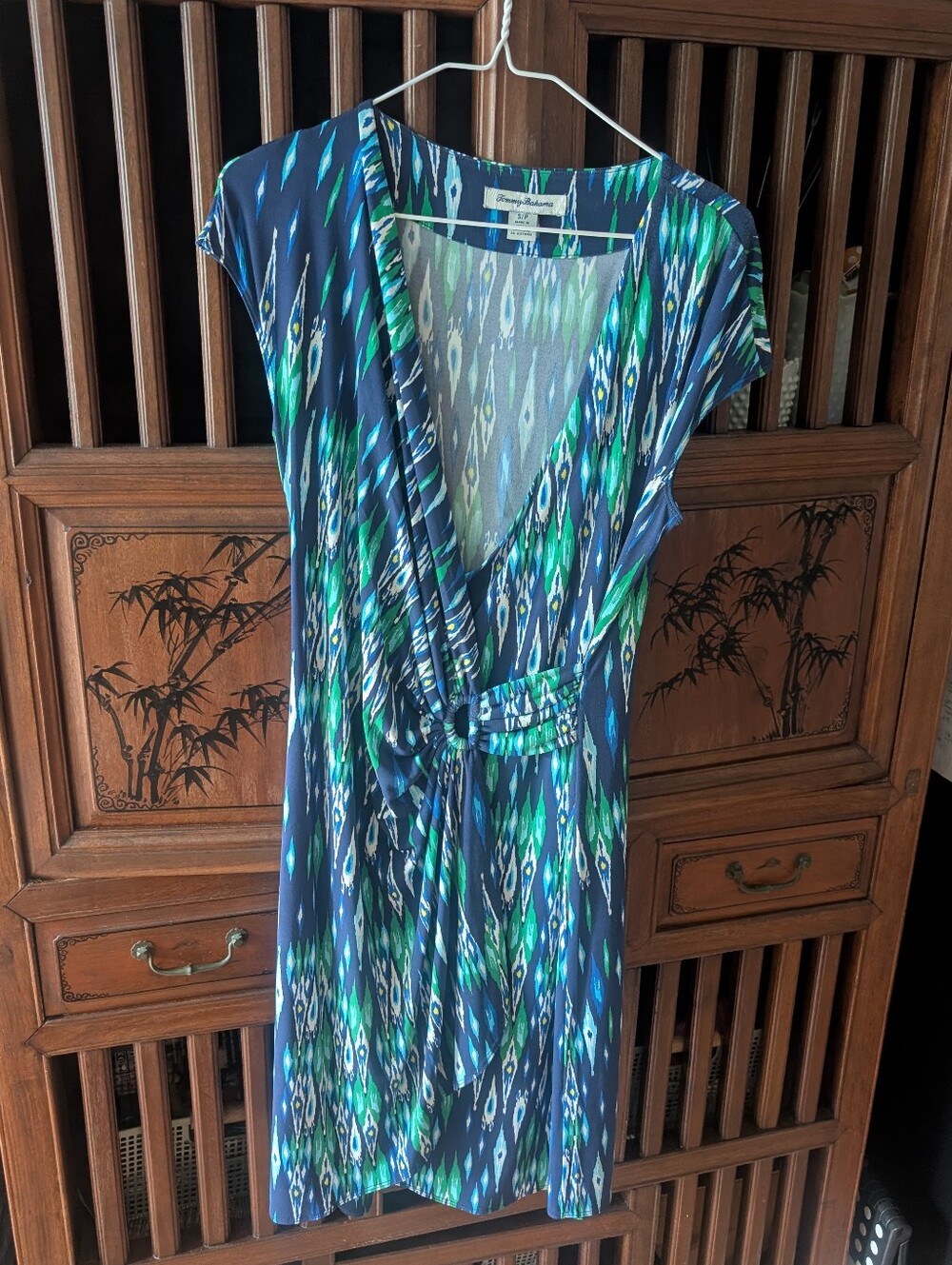 Tommy Bahama Navy, Green & White Ikat Wrap Dress size S